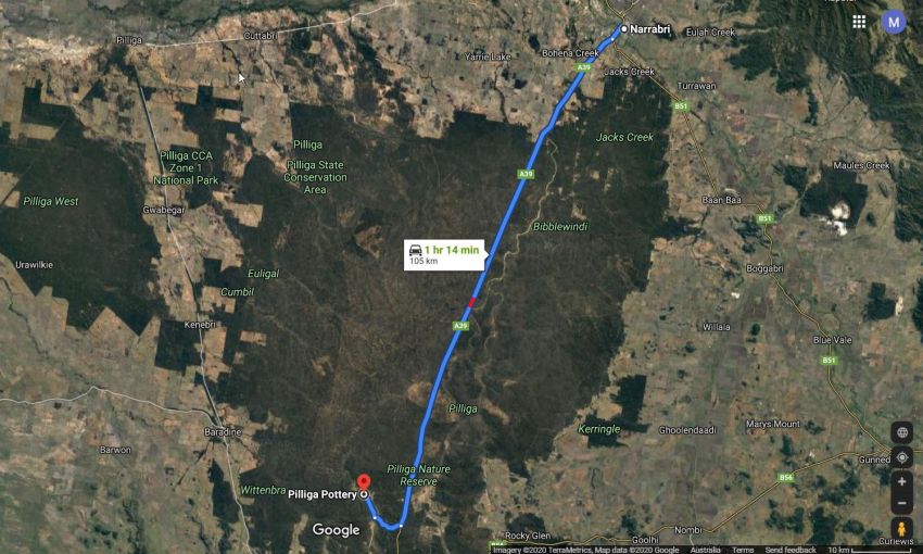 Narrabri to Pilliga Pottery map Narrabri to Pilliga Pottery map