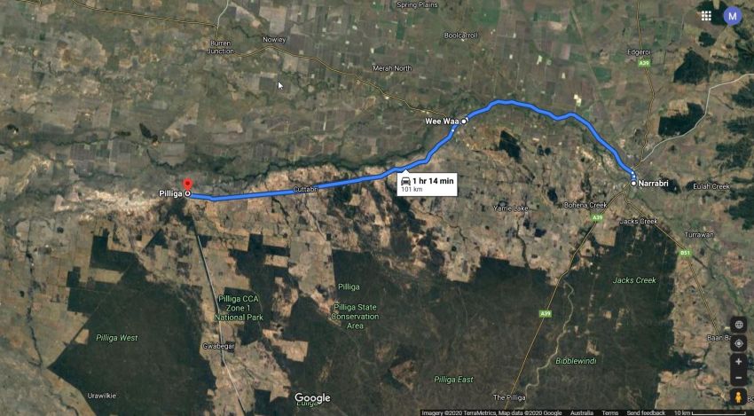 Narrabri to Pilliga via Wee Waa map Narrabri to Pilliga via Wee Waa map