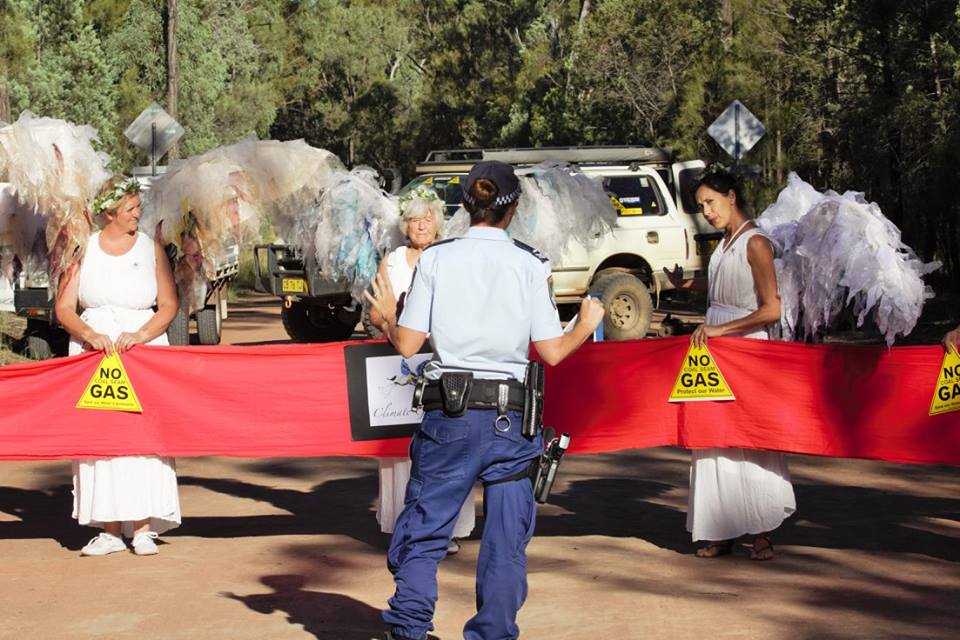 Climate Guardians blocking road to Leewood wastewater facility, Pillaga forest, February 8 2016.