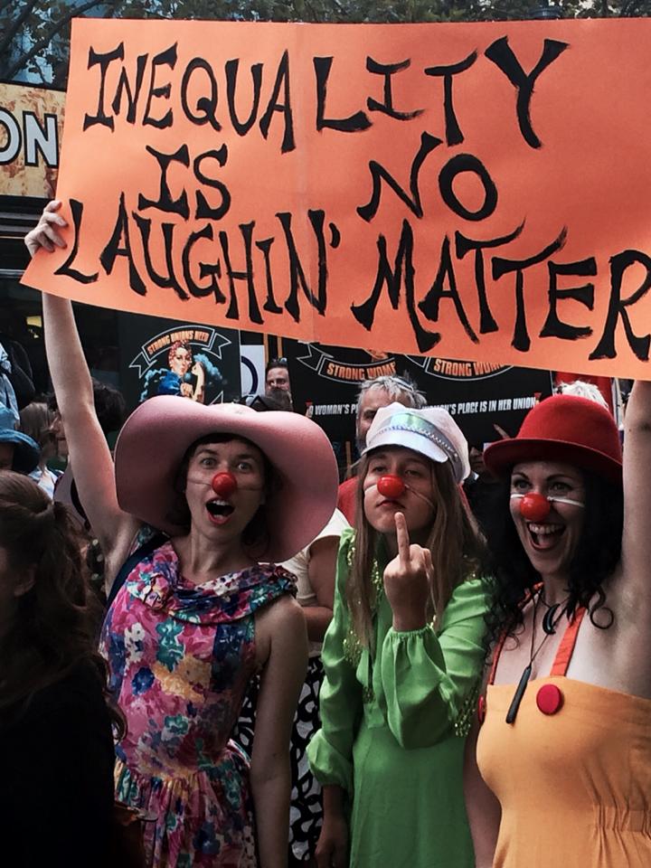 Inequality is no laughing matter placard at International Women's Day march, Melbourne March 8 2016.