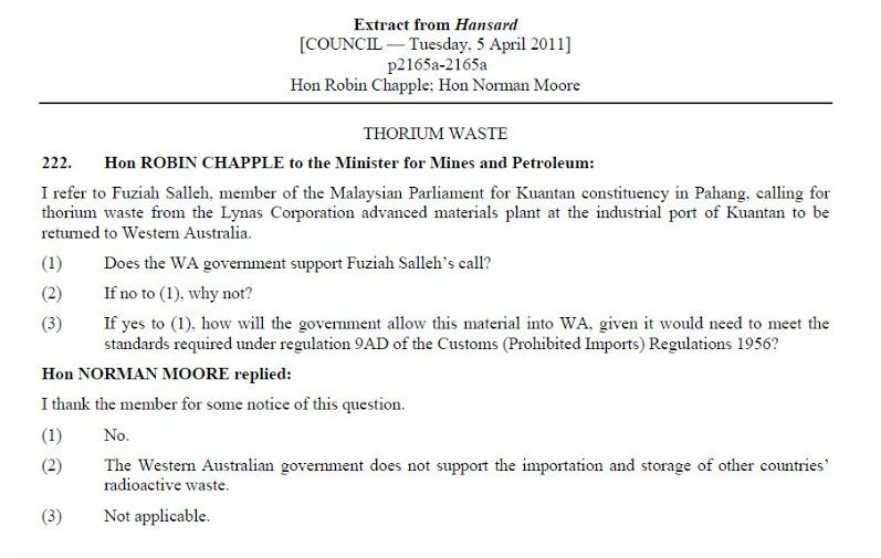 Extracty from Hansard on thorium waste, April 2011.