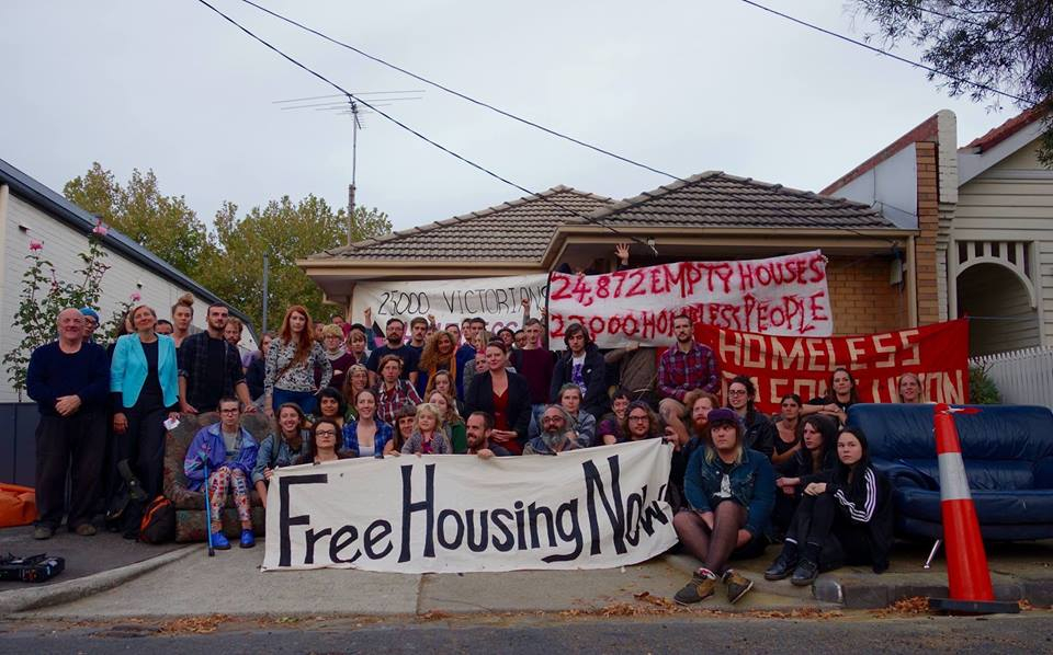 Free housing now banner at Homeless People's Unit vacant property occupation Collingwood Melbourne 2016.