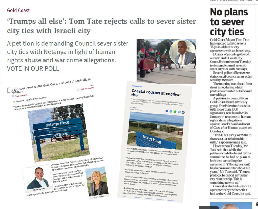 This collage features a May 30 article from the Gold Coast Bulletin and 2021 articles from Jewish news outlets regarding the naming of Netanya Place in Surfers Paradise