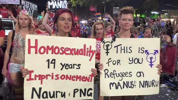  Activists marching with the 'No Pride in Detention' float. Photo: Facebook/No Pride in Detention.