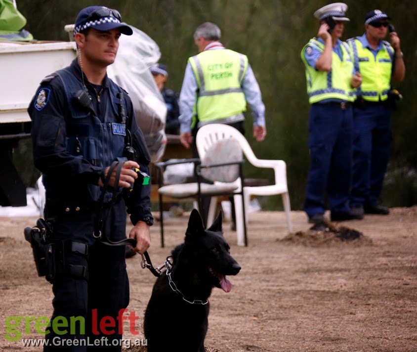 Police dog at Matagarup Aboriginal encampment.