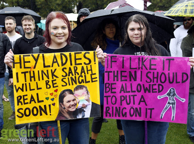 Sarah will be single real soon placard, marriage equality rally, Perth July 5 2015.