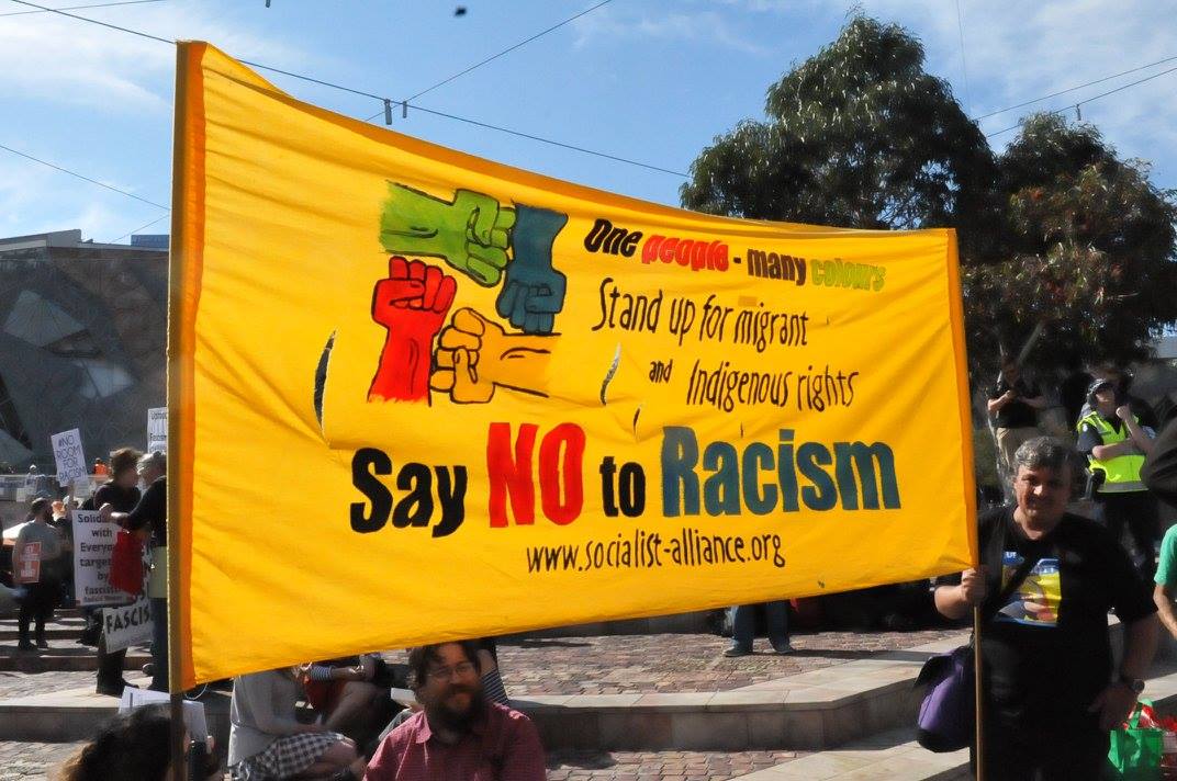 Say No To Racism banner, Federation Square Melbourne April 4, 2015.