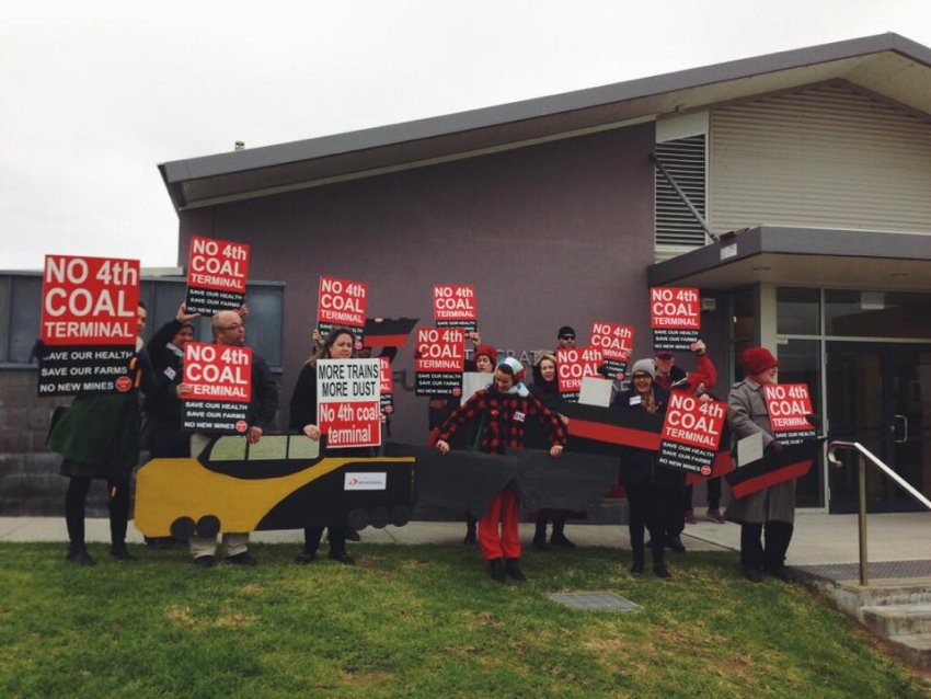 Opponents of the $5 billion T4 project outside a public hearing in Newcastle in July, 2015.