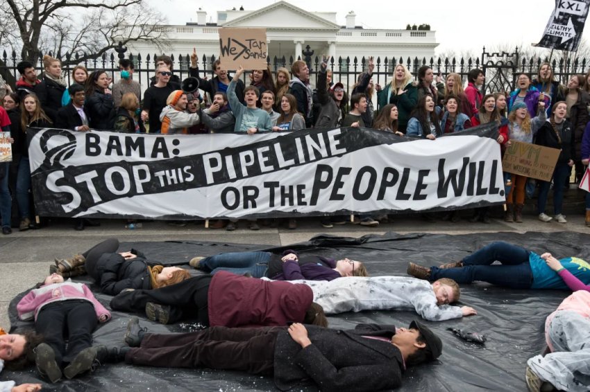 Students protest against the proposed Keystone XL pipeline in front of the White House on March 2.