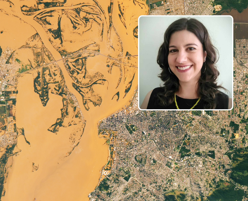 Map of flood devastation in Porto Alegre plus inset photo of Mariana Riscali