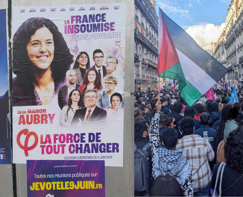 Election poster for France Insoumise candidate and Palestine solidarity march