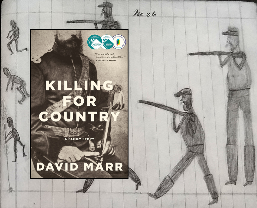 book cover, background drawing of massacre by Native Police