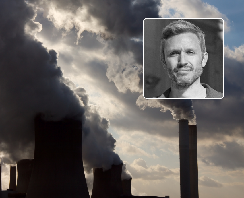 emissions from power plant and inset image of Jason Hickel