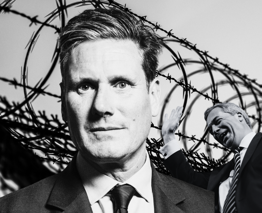 Keir Starmer and Nigel Farage with background of prison fence