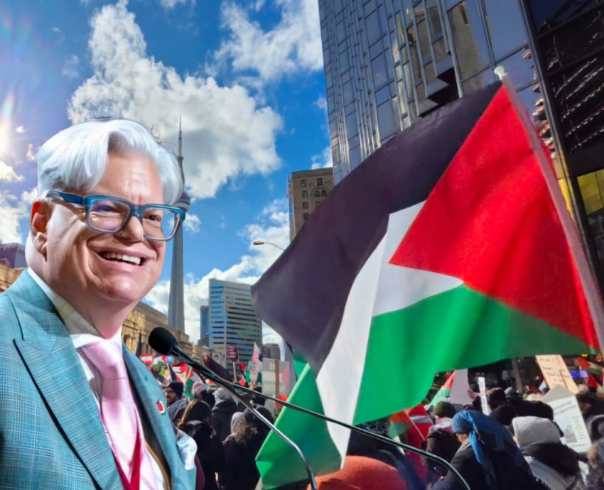 Fred Hahn and Palestine protest background