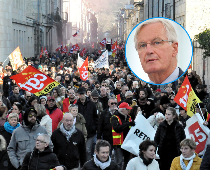 protest and man's face in inset