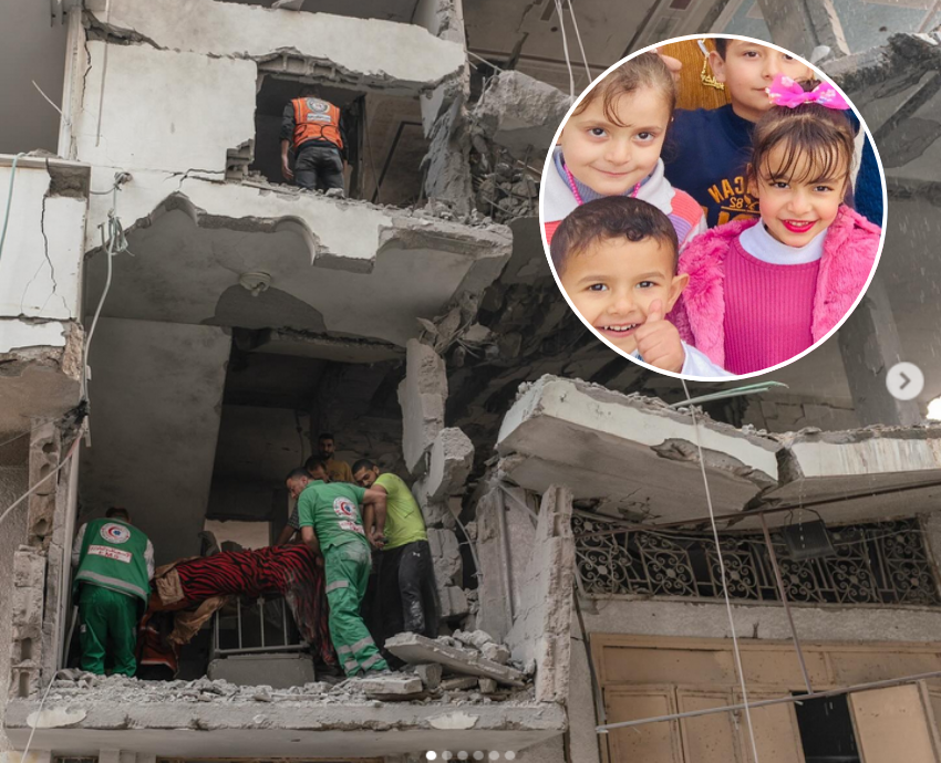 bombed building in Gaza and inset photo of children