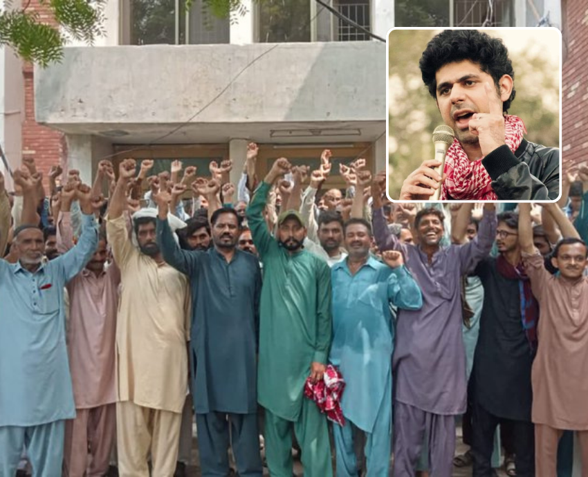 A group of Pakistani workers and inset photo of Ammar Ali Jan