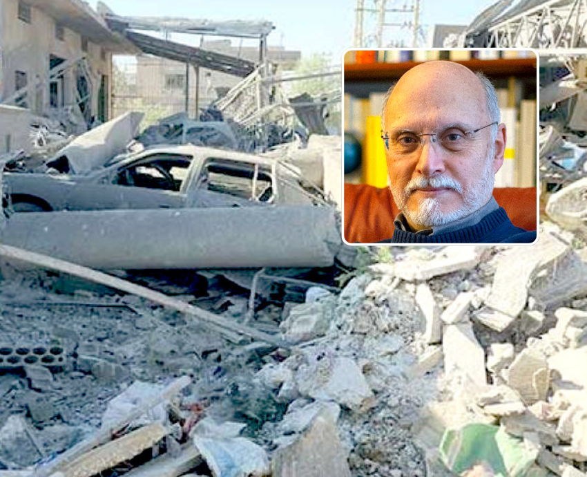 Destruction in Lebanon and inset photo of Gilbert Achcar