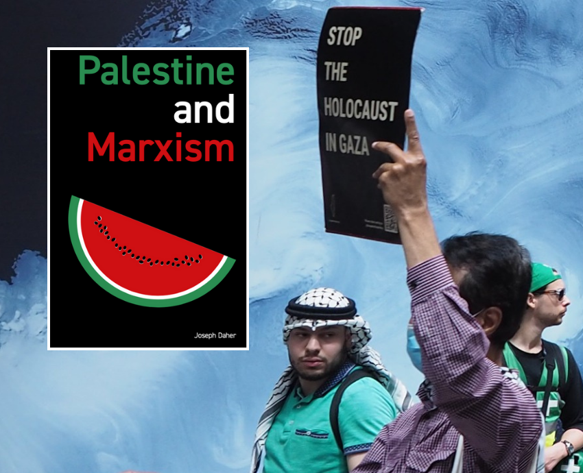 Book cover and protest for Palestine