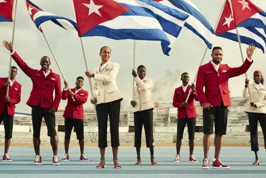 Cuban athletes model the Olympic ceremonial outfits Christian Louboutin helped design.