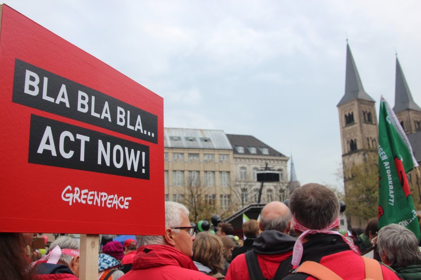 Bla Bla Bla, Act Now! placard, COP23 November 4 2017.