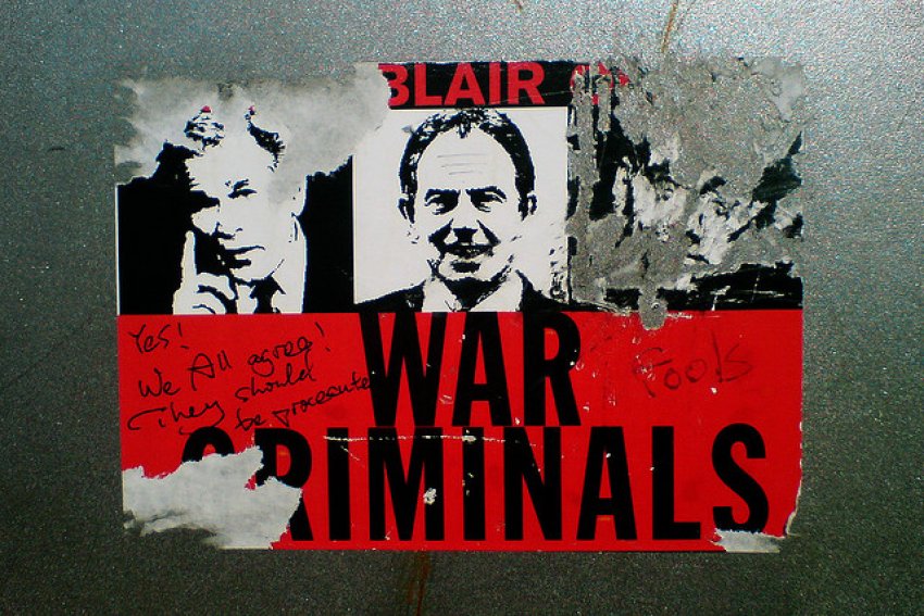 Photo of 'War Ciminals' sticker of George Bush and Tony Blair.