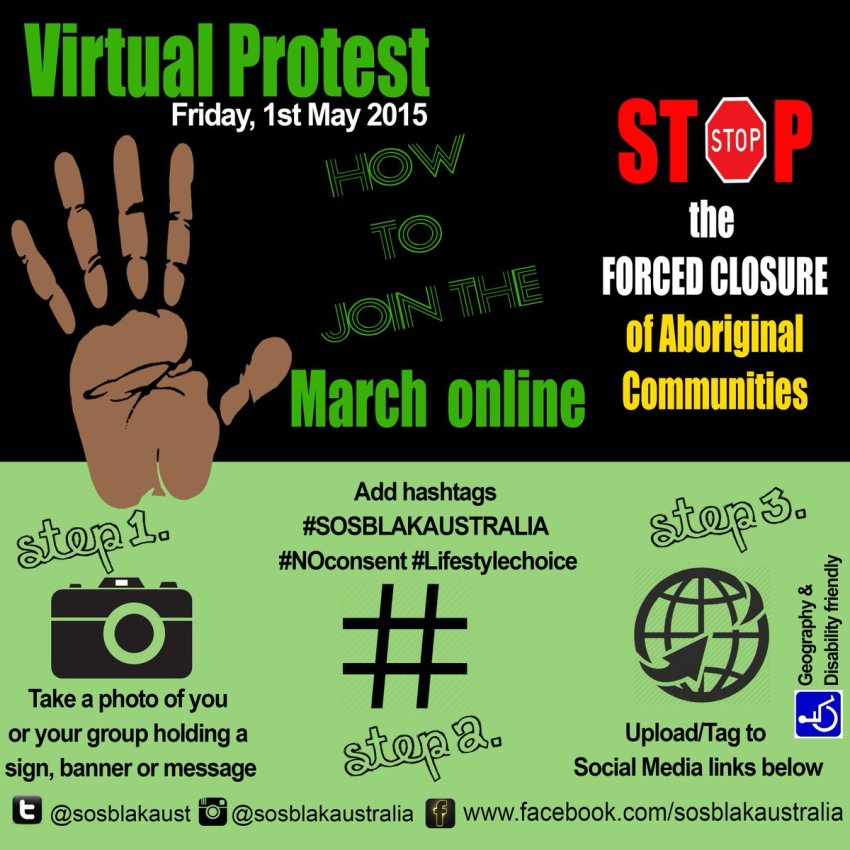 Stop forced closures of Aboriginal communities protest graphic.