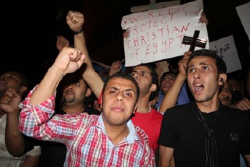 Coptic Christians protest against attacks.