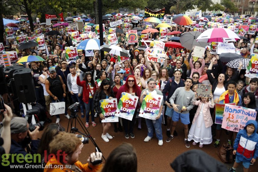 Crowd cheerting and chanting at marriage equality rally, Perth July 5 2015.