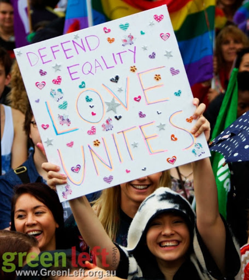 Defend Equality Love Unites placard, Perth July 5 2015.