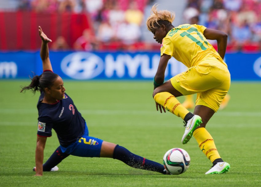 Gaelle Enganamouit (right) led her team to a dominating 6-0 victory over Ecuador on June 8.