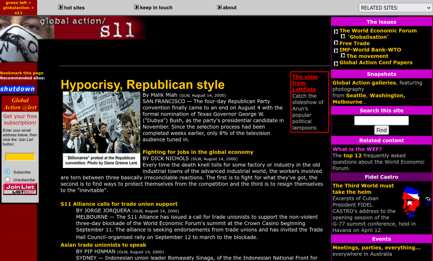 A screenshot of the Global Action / S11 website launched by Green Left in 2000.