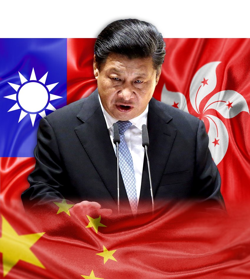 flags of China, Taiwan and Hong Kong with Xi Jinping