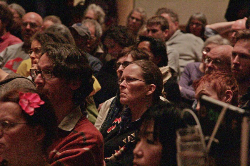 Crowd listening to Icelandic MP Birgitta Jonsdottir.