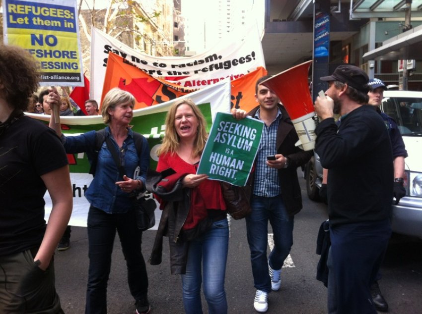 Hundreds protest Rudd's refugee policy in Sydney on July 20.