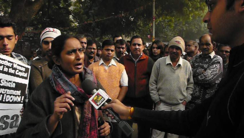 Kavita Krishnan addressing a protest in India.