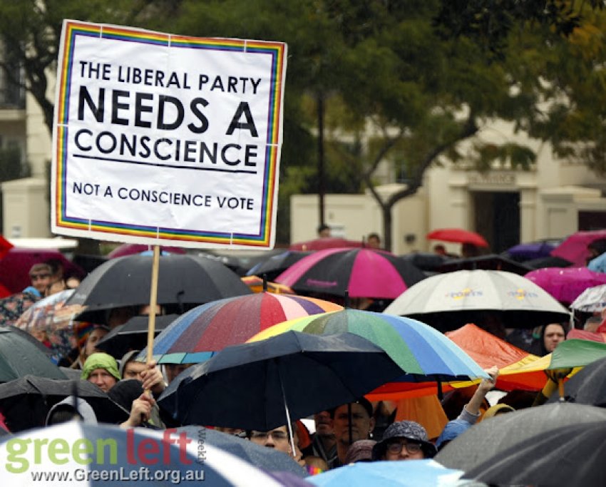 The Liberal Party Needs A Conscience Not A Conscience Vote placard, Perth July 5 2015.