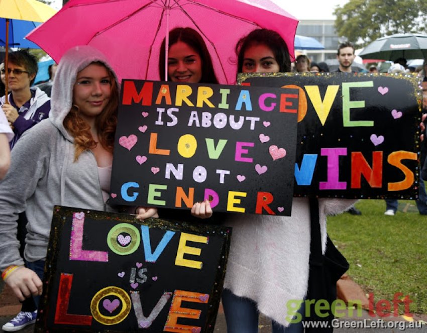 Marriage is about love not gender placard, marriage equality rally Perth July 5 2015.