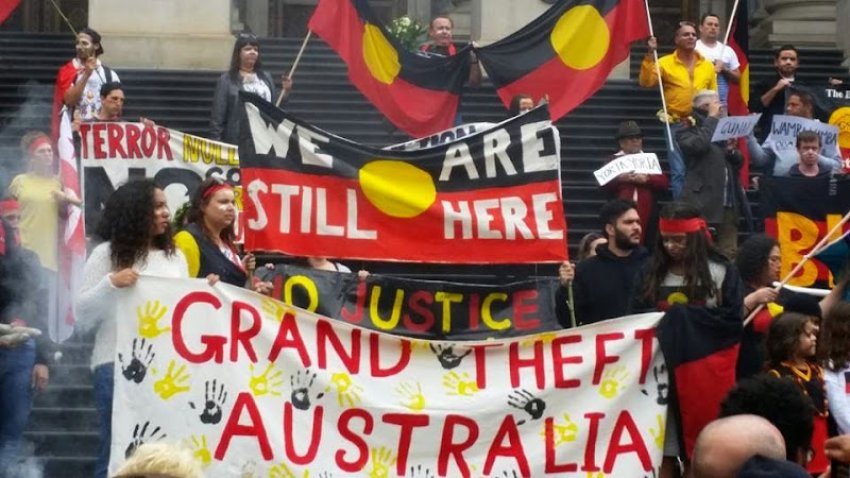 Melbourne Invasion Day rally Parliament House 2015.