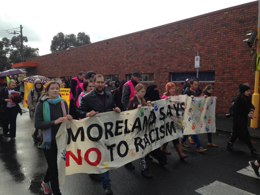 Protesters march in the Moreland Says No To Racism rally, May 28 2016.