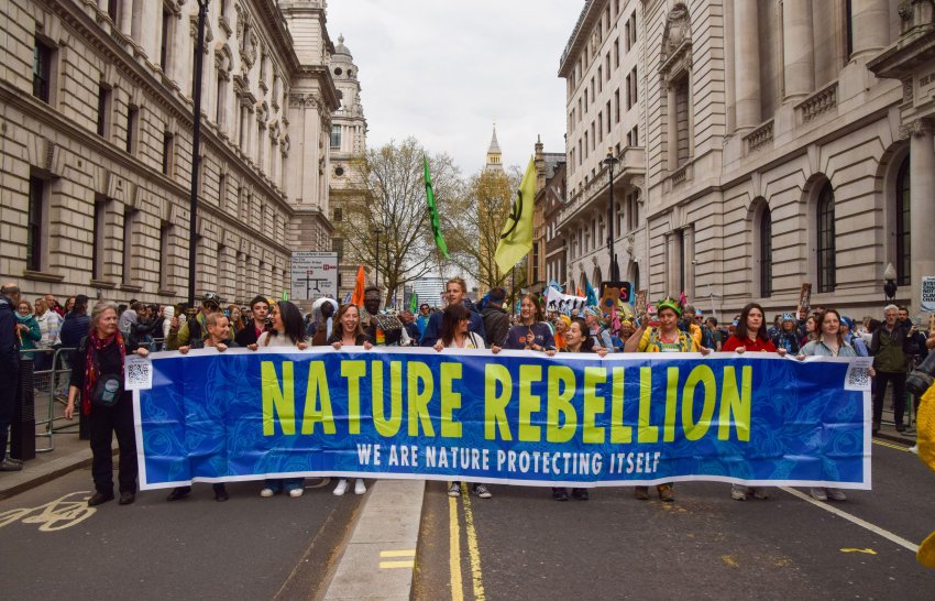 protesters with a banner