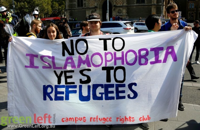 No To Islamophobia Yes To Refugees banner, Melbourne April 4 2015.