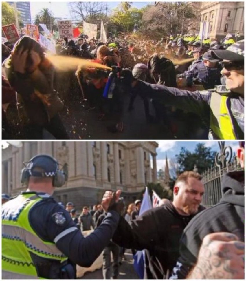 Police pepper spray anti-racist protesters, while cavorting with fascists. Melbourne, July 18.