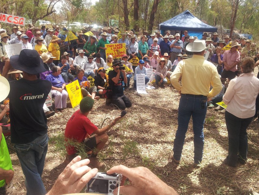 People from the Pilliga gather to hear John Fenton speak about coal seam gas.