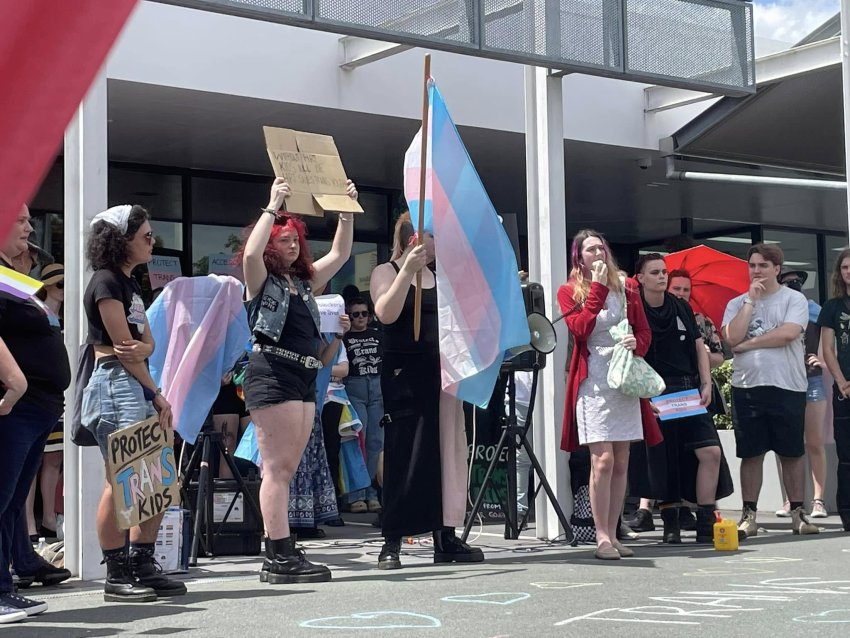 Protect trans kids: snap rally outside health minister Tim Nicholls' office, January 29