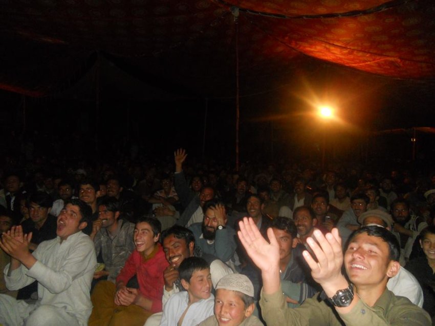 Protesters in Gadi Bagh applauding speech by Baba Jan on April 22.