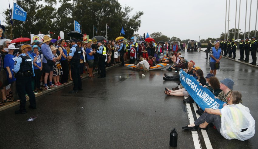 Protesters on the road outside Parliament House