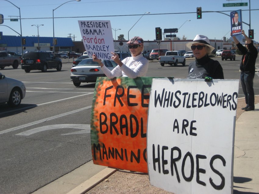 Whistleblowers are heros sign at a protest in support of Chealsea Manning.