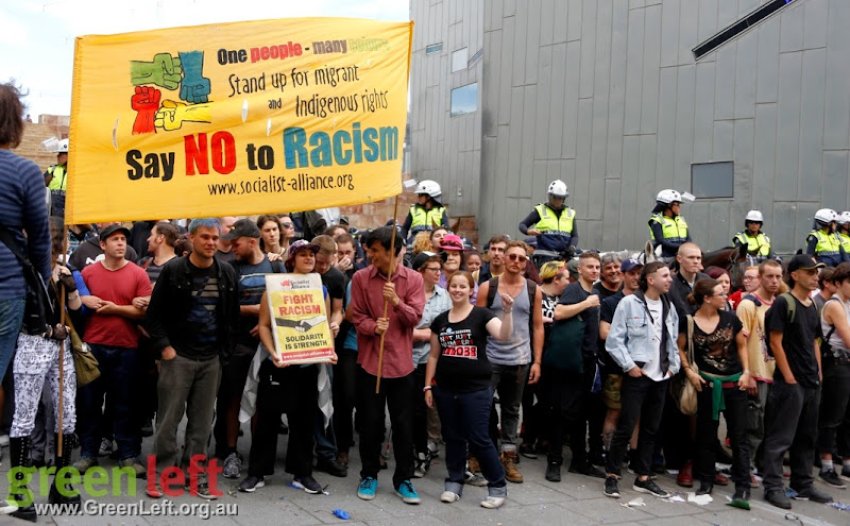 Say No To Racism banner, Melbourne April 4, 2015.